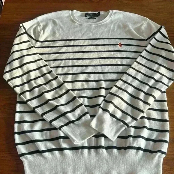 Polo Ralph Lauren Pima Cotton luxury knit striped soft sweater Orange logo men M - Picture 1 of 5